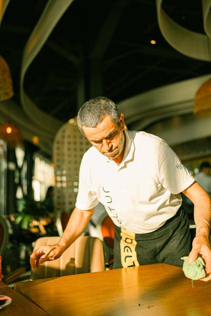 A waiter cleans a table in a bright, modern restaurant, capturing a casual dining atmosphere.